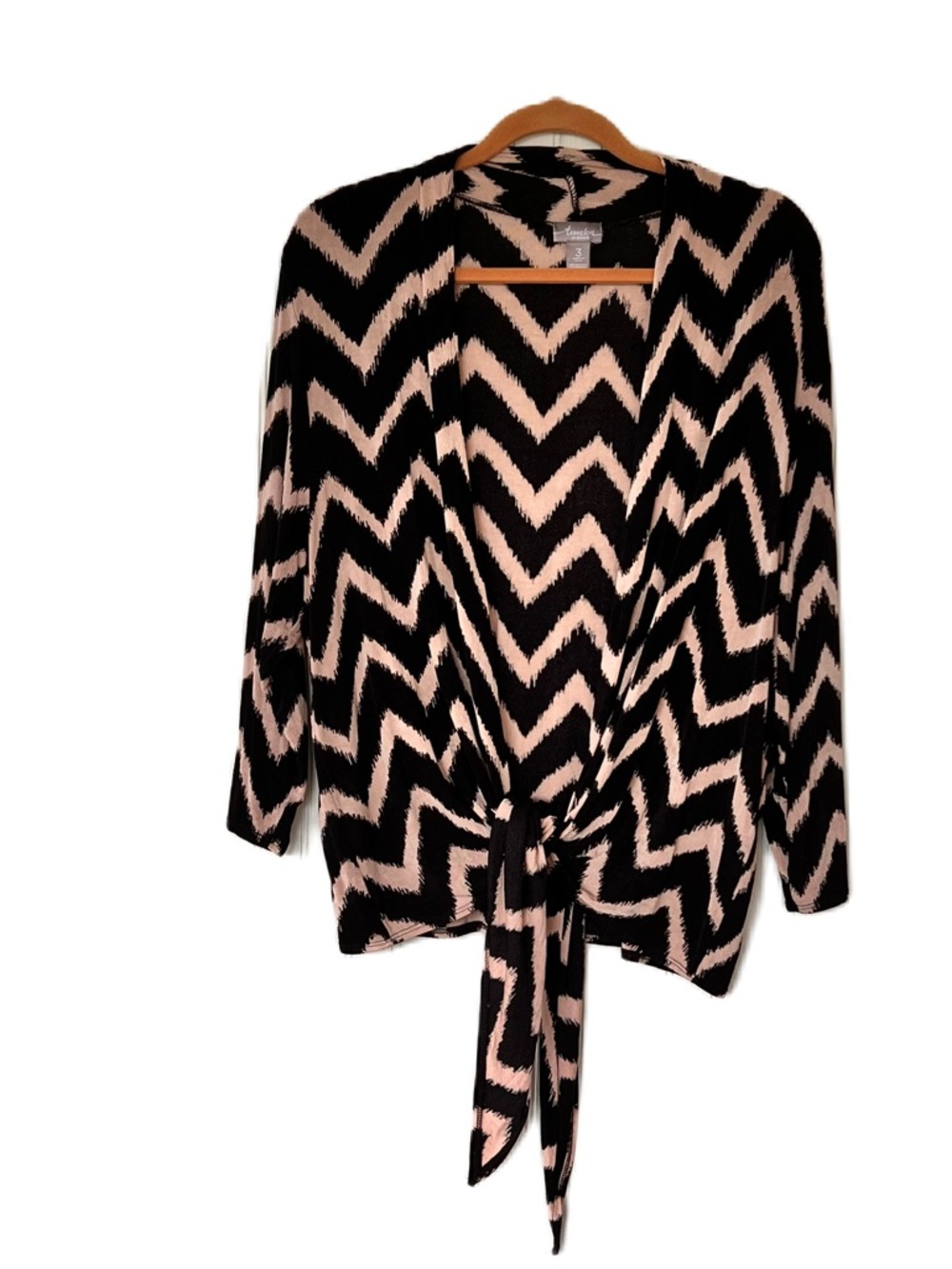 Chico's Black and‎ Beige Chevron Tie-Front Cardigan Sz 3 (XL)